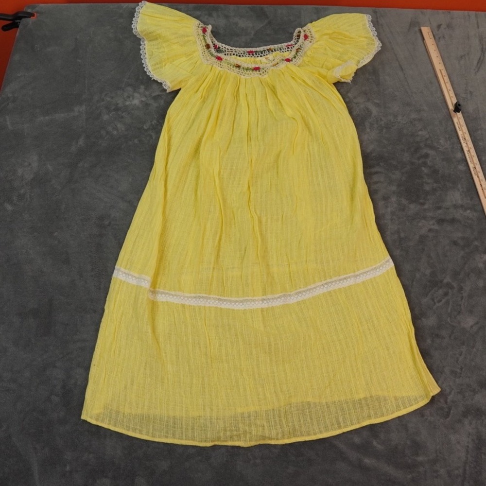 VTG Tejidos Marisol Cotton Dress 40 Yellow Embroidered Crochet Lace Trim Peasant